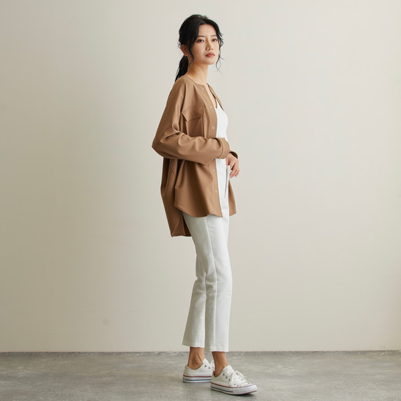 なめらか裏起毛シャツ　あったか＆ゆるふわ　ノーカラー　サイズ38　モカ　スナップボタン　 9枚目の画像