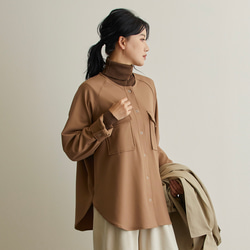 なめらか裏起毛シャツ　あったか＆ゆるふわ　ノーカラー　サイズ38　モカ　スナップボタン　 11枚目の画像