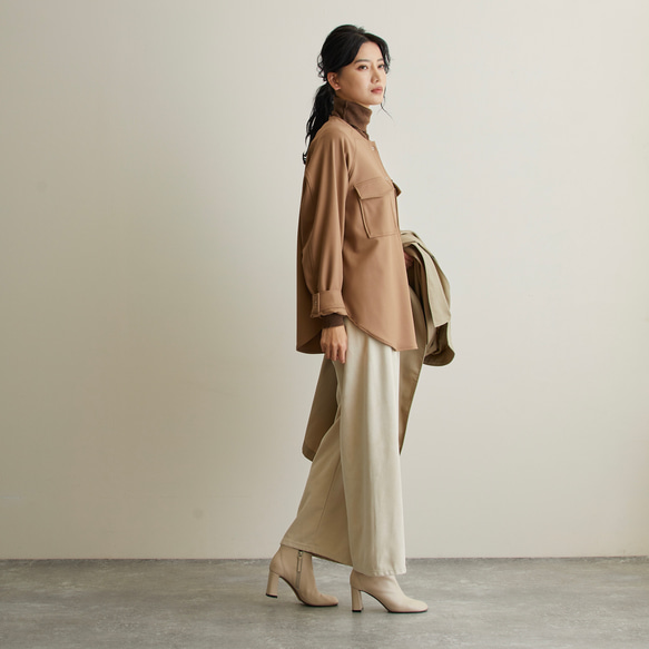 なめらか裏起毛シャツ　あったか＆ゆるふわ　ノーカラー　サイズ38　モカ　スナップボタン　 14枚目の画像