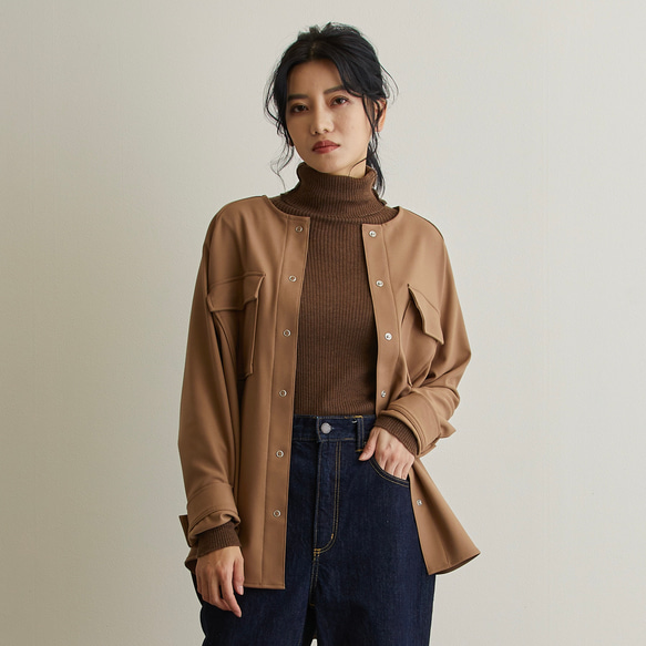 なめらか裏起毛シャツ　あったか＆ゆるふわ　ノーカラー　サイズ38　モカ　スナップボタン　 18枚目の画像