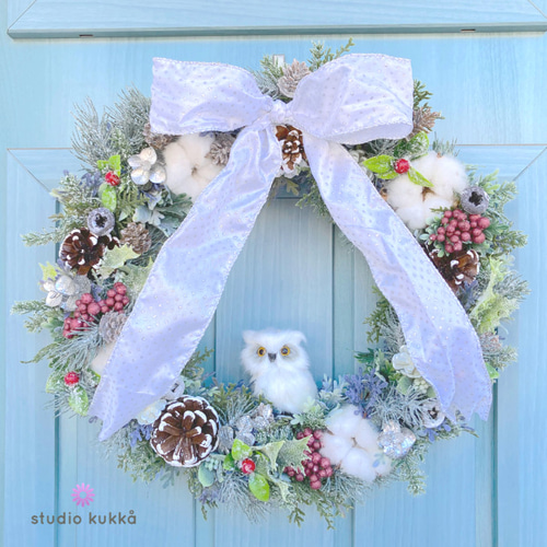 送料無料 直径33cm♡フクロウとパープルベリーのクリスマスリース コットンとベルミックス リース studio kukka 通販|Creema(クリーマ) 12945843 送料無料 直径33cm♡フクロウとパープルベリーのクリスマスリース コットンとベルミックス リース studio kukka 通販|Creema(クリーマ) 12945843
