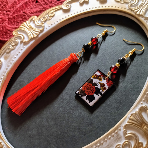 花札】花札&タッセルピアス(イヤリング)（牡丹）【サブカル【和ゴス 