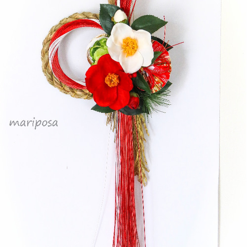 早割お正月2026・粋・江戸椿と紅白金糸水引の夢飾り しめ縄飾り