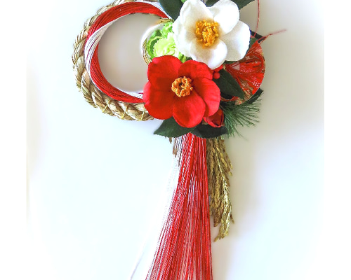 早割お正月2026・粋・江戸椿と紅白金糸水引の夢飾り しめ縄飾り