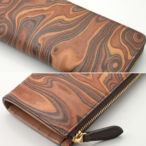 唯一無二 の 漉き模様革 スキモレザー 本革 L字ファスナー 長財布 木目  