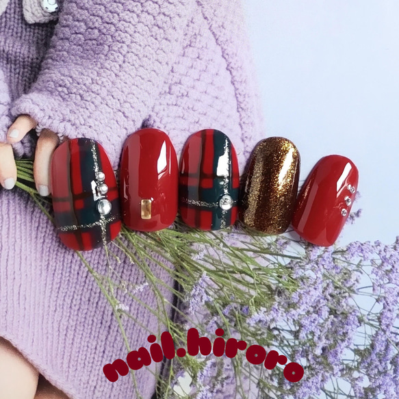 再販4】赤×緑×チェック柄（ネイルチップ シンプル キラキラ クリスマス