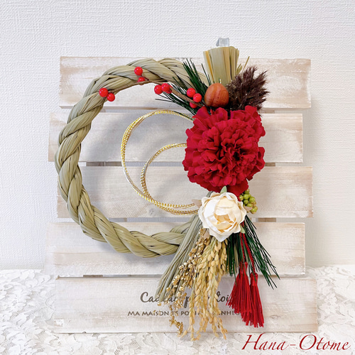 早割】 紅白の和モダンなしめ縄飾り お正月ハンドメイド2024 松