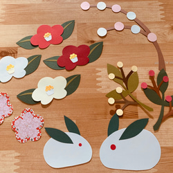 小さな壁面飾り【雪うさぎ】1月 2月 南天 椿 ならせ餅 切り絵 とことこ