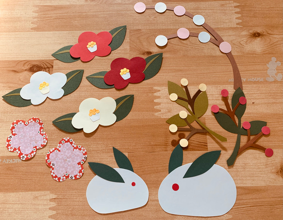 小さな壁面飾り【雪うさぎ】1月 2月 南天 椿 ならせ餅 切り絵 とことこ
