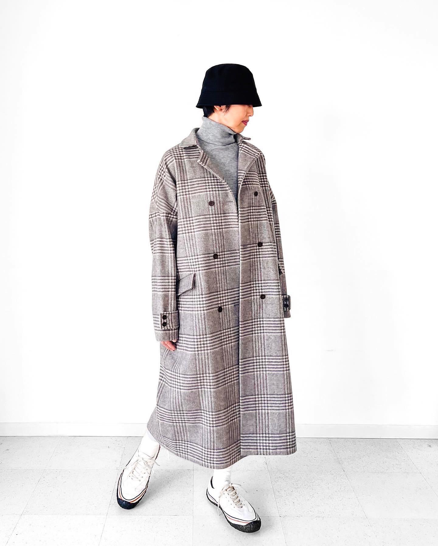 レディス【ladies】《グレージュ色》S100原料最上質ラムウール素材使用　グレンチェックロングコート