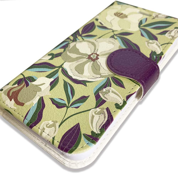 Android アイフォン iPhone15 14 13 12 11　手帳型スマホケース　オリーブ色　花柄 3枚目の画像