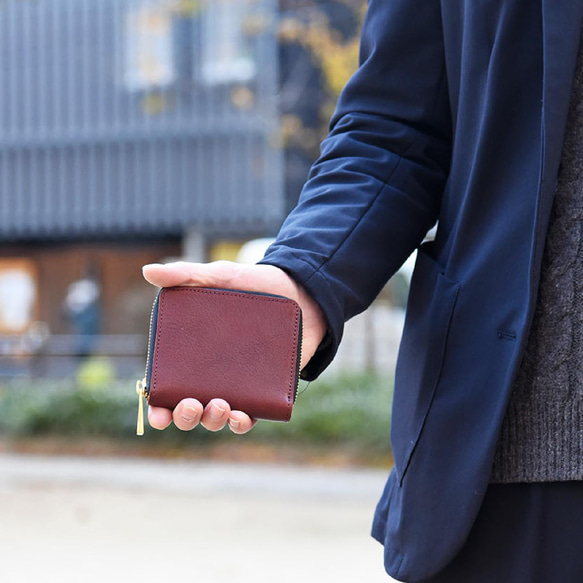 ※栃木レザー ラウンドファスナー ミニ財布 二つ折り財布 本革 コンパクト財布 ボックス型 ボルドー JAW007 5枚目の画像
