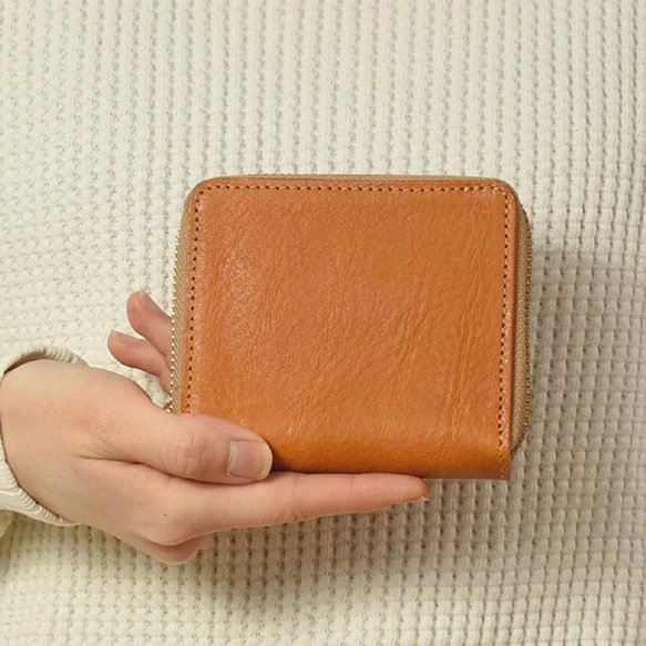 ※栃木レザー ラウンドファスナー ミニ財布 二つ折り財布 本革 コンパクト財布 ボックス型 チョコ JAW007 14枚目の画像