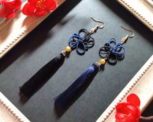 千鳥格子柄と薔薇のバイカラーピアス イヤリング アクセサリー
