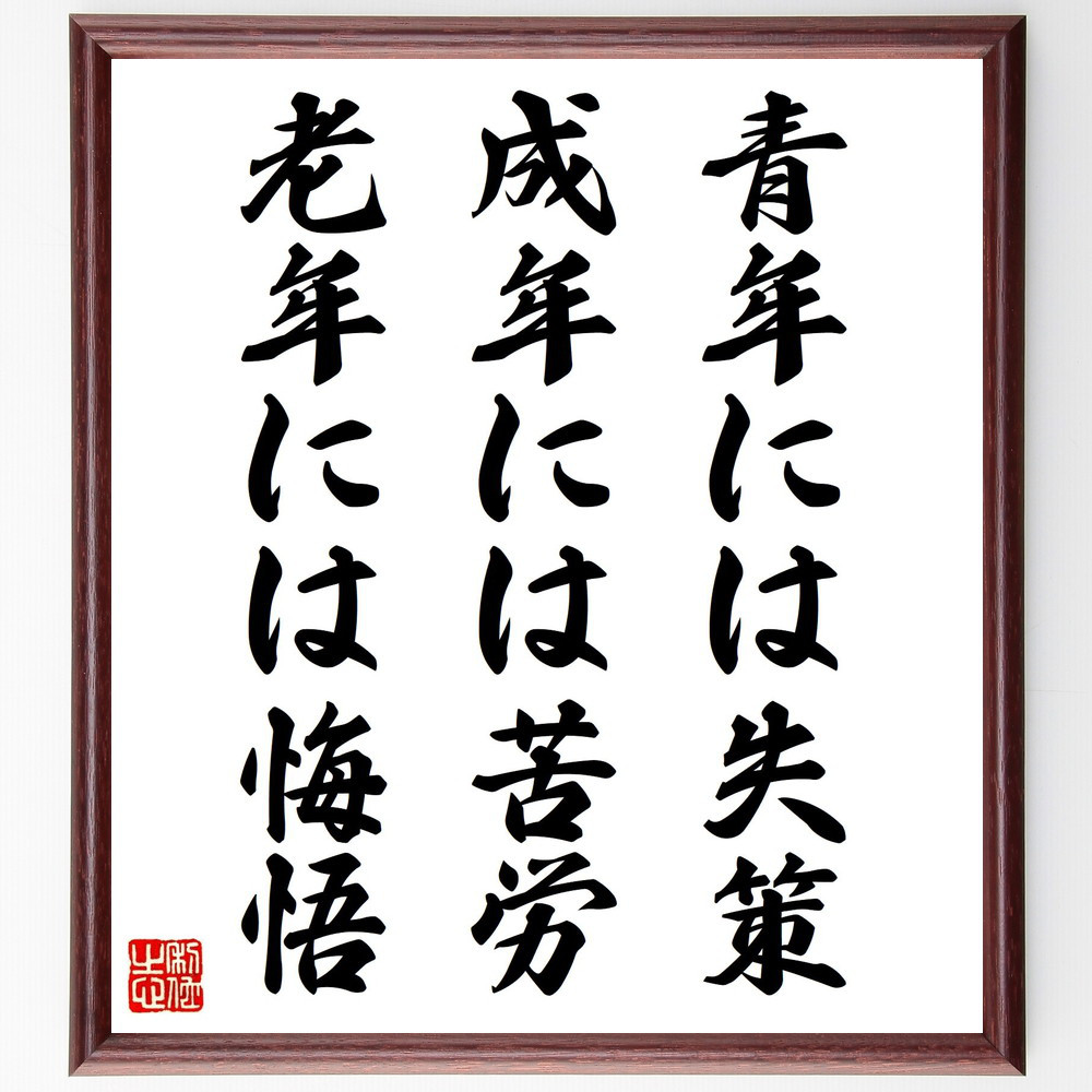 ディズレーリの名言「青年には失策、成年には苦労、老年には悔悟」手書き書道色紙額／受注後の毛筆直筆（Y2574）