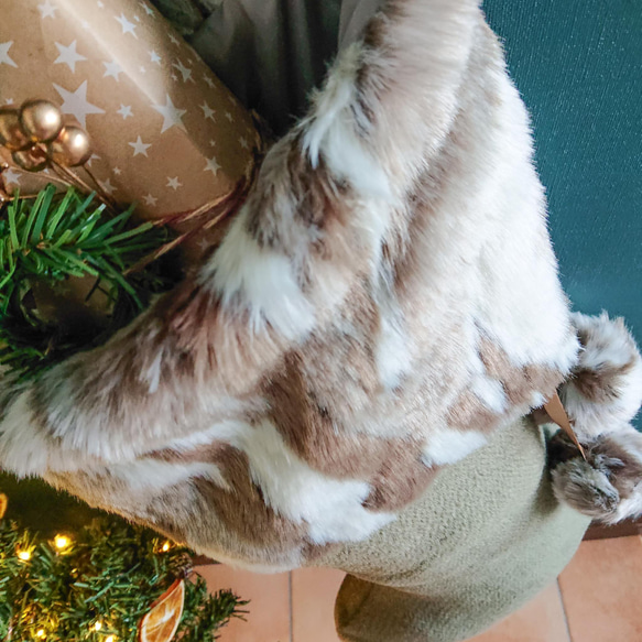 MIX柄ファーとオリーブグリーンのクラシカル クリスマス  ストッキング 4枚目の画像