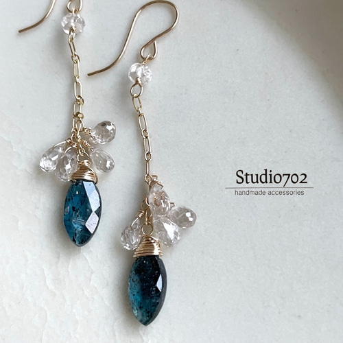 インディゴカイヤナイトのチェーンピアス✩.*˚天然石×14kgf 死ぬ 