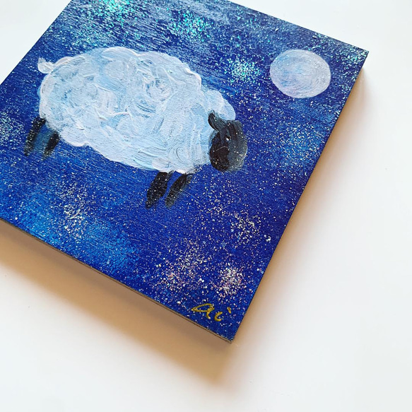 【月夜の子羊】絵画 原画 絵 キラキラ アクリル画 4枚目の画像