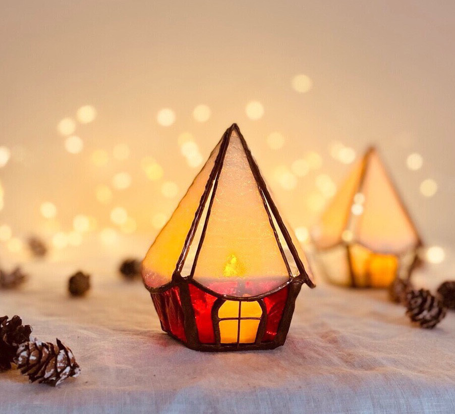 TVCM ✩* 北欧の小さなおうち⑅  (赤) ステンドグラス　キャンドルホルダーHR-145