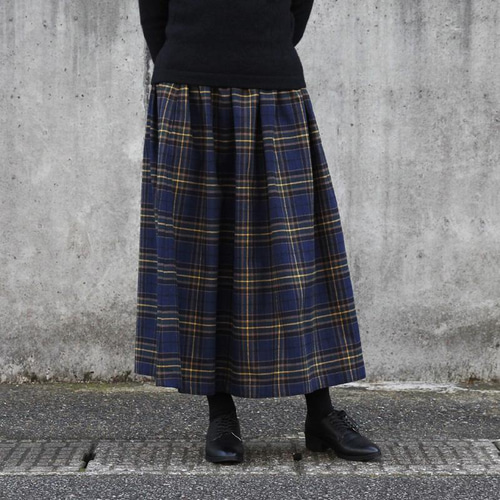 ヴェルメイユパーイエナ★ロングスカート タータンチェック ブルー 36 上品で大人な色合い タータンチェック ギャザースカート（ディープ