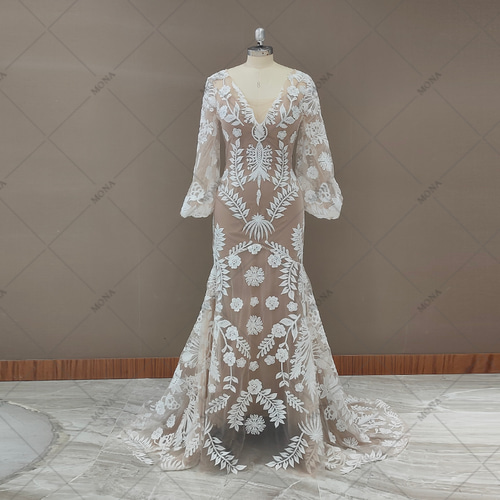 クラシカルVネック長袖レトロウェディングドレス結婚式披露宴二次会  