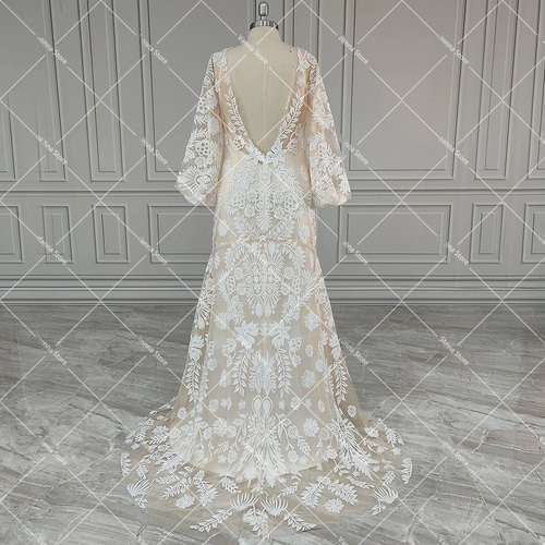 クラシカルVネック長袖レトロウェディングドレス結婚式披露宴二次会  