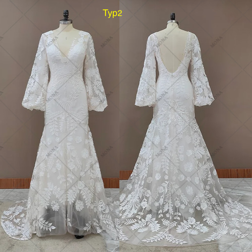 クラシカルVネック長袖レトロウェディングドレス結婚式披露宴二次会