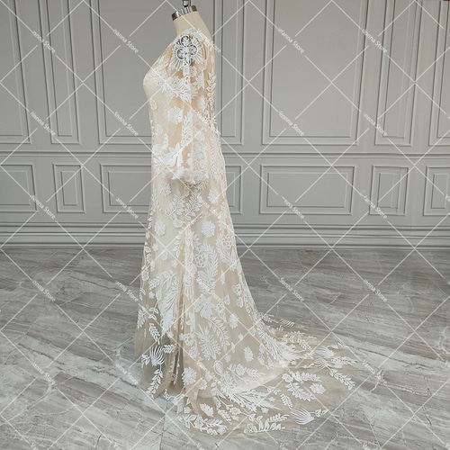 上品 クラシカル Vネック 長袖 ウェディングドレス 前撮りドレス 56F 上品 クラシカル Vネック 長袖 ウェディングドレス 前撮りドレス 56F