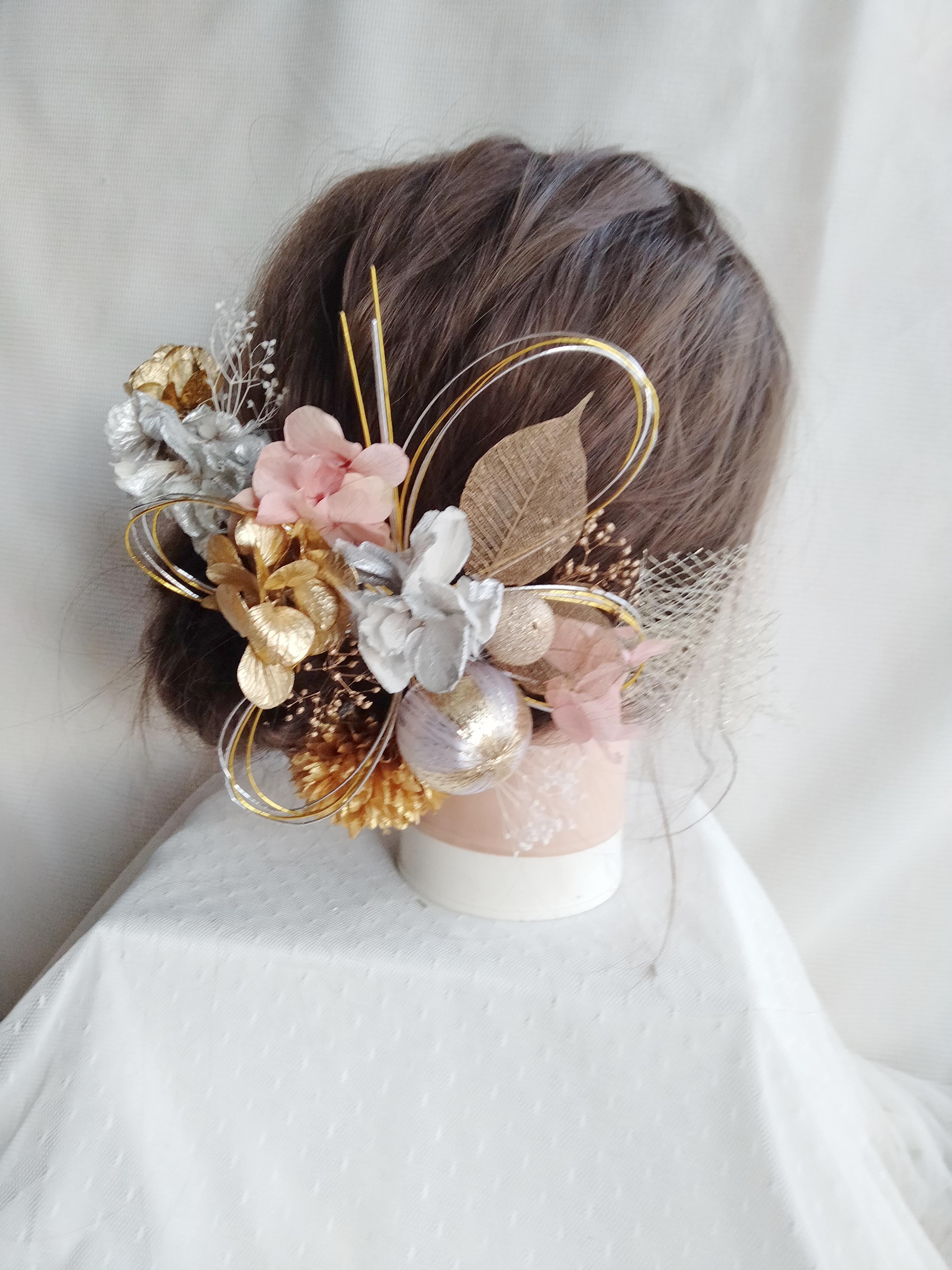 水引と和玉の三色の髪飾り　卒業式　成人式　結婚式　ドライフラワー　プリザーブドフラワー