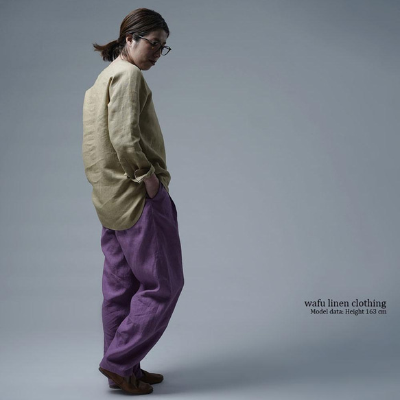 【wafu】Linen Shirt　肩幅が気にならない ヘンリーネック シャツ/もくらんじき t038n-mrn2 2枚目の画像