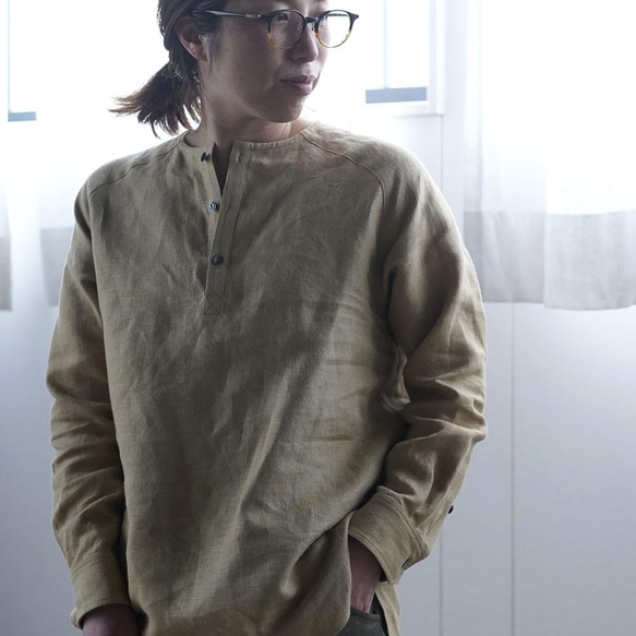 【wafu】Linen Shirt　肩幅が気にならない ヘンリーネック シャツ/もくらんじき t038n-mrn2 6枚目の画像