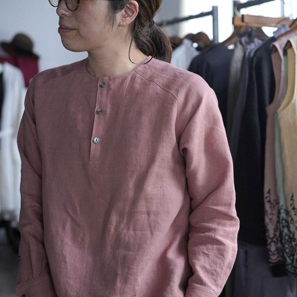 【wafu】Linen Shirt　肩幅が気にならない ヘンリーネック シャツ/あさあけいろ t038n-asa2 6枚目の画像