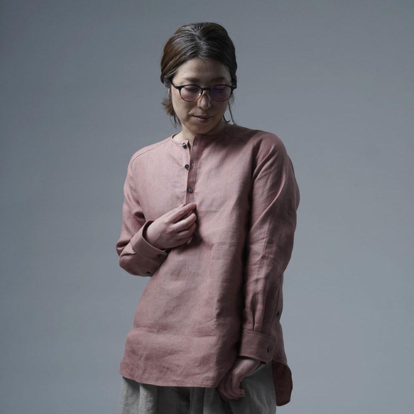 【wafu】Linen Shirt　肩幅が気にならない ヘンリーネック シャツ/あさあけいろ t038n-asa2 1枚目の画像