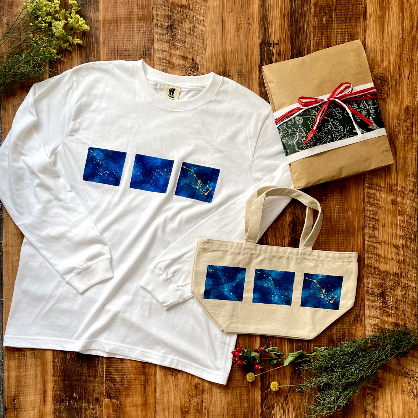 手描き北斗七星柄リブ付きロンTとトートバッグのお揃いセット