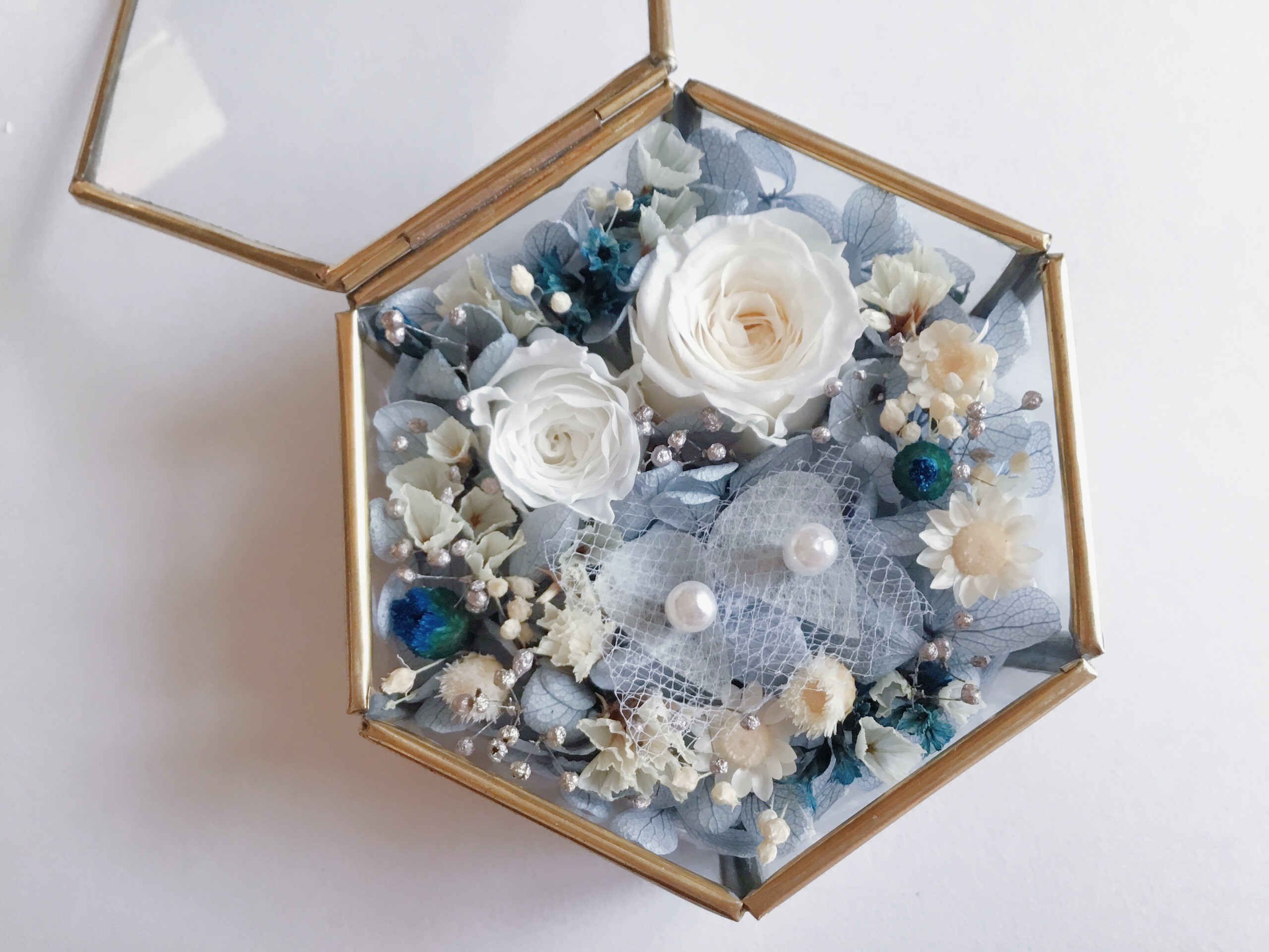 【海色の涙・約束のとき】リングピロー・プリザーブドフラワー・ハンドメイドガラスケース