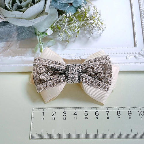 大人 リボン ヘアクリップ 刺繍 アイボリー ヘアアクセサリー 発表会