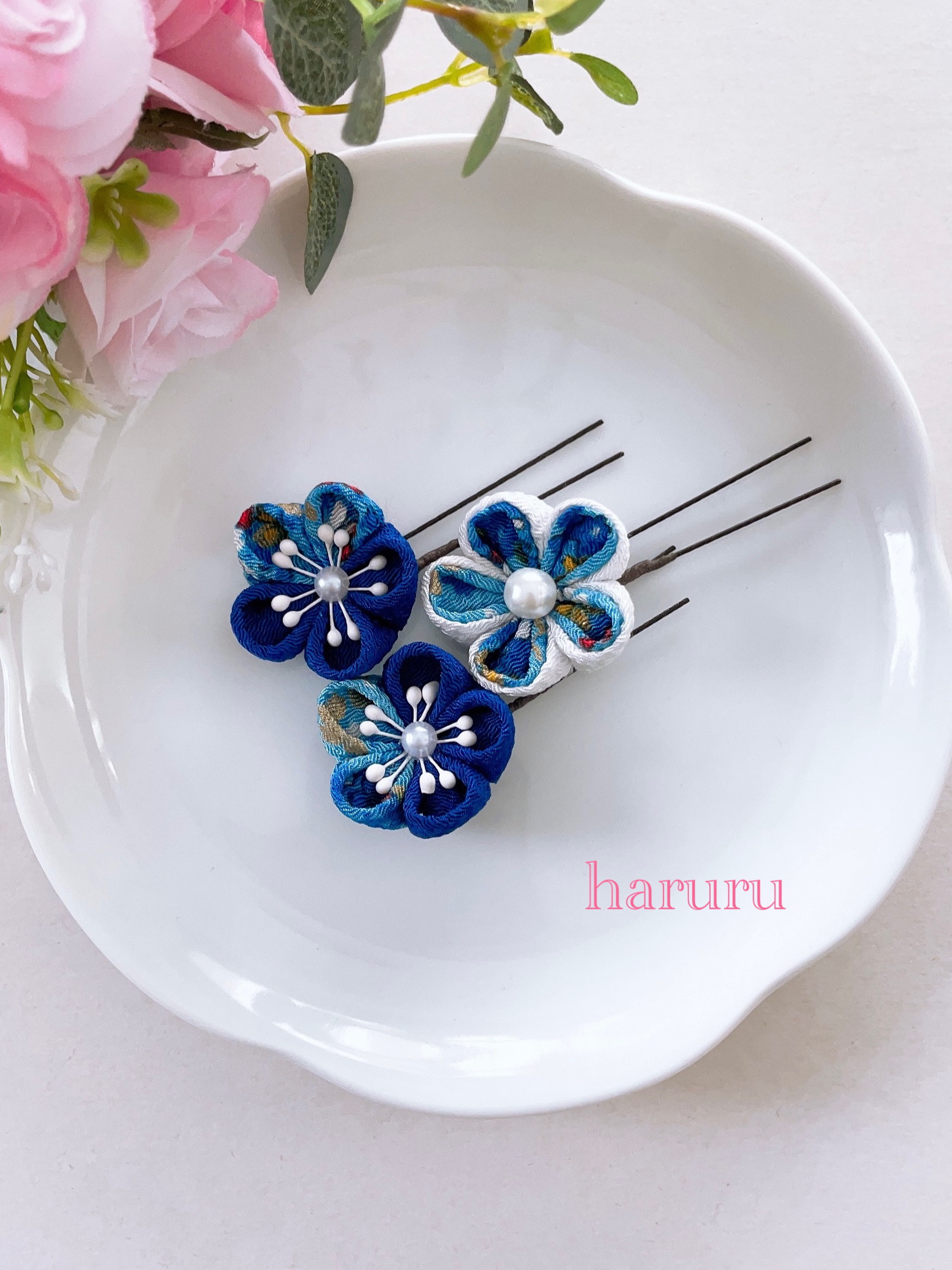 【HAru*】つまみ細工 青 白 七五三 成人式 髪飾り レース041501