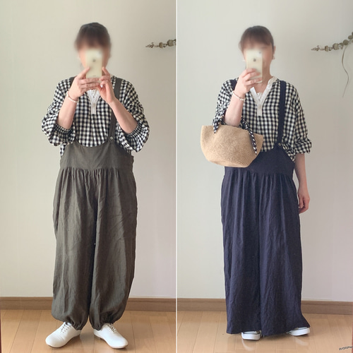 大人可愛いサロペットパンツ＋長さ調整可能＋選べる裾＋リネン100%＋