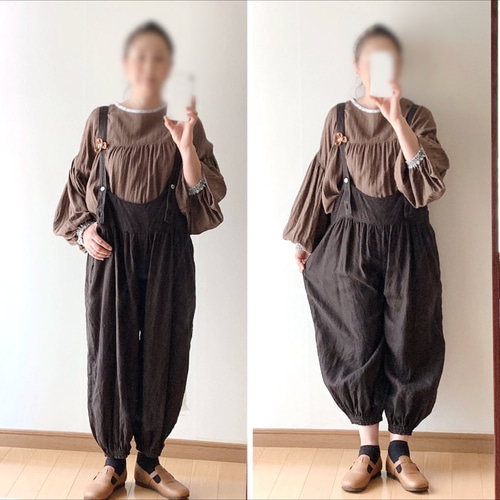 大人可愛いサロペットパンツ＋長さ調整可能＋選べる裾＋リネン100%＋