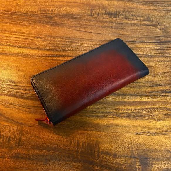オレンジの金属ファスナー財布 / 革の手染め ブラウン（茶＋黒） 4枚目の画像