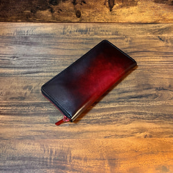 赤い金属ファスナー財布 / 革の手染め ワイン（赤+茶） 13枚目の画像