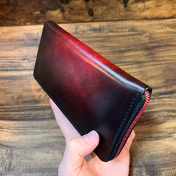 赤い金属ファスナー財布 / 革の手染め ワイン（赤+茶） 10枚目の画像
