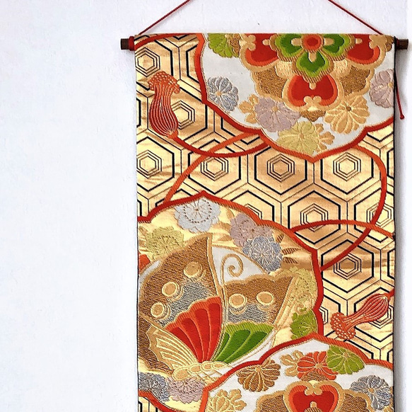 【⑯0666】190cm/昭和レトロ/鶴・笠松/帯リメイク品/タペストリー ⑯0666】190cm/昭和レトロ/鶴・笠松/帯リメイク品/タペストリー