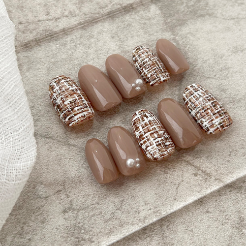 ♡ブラウンツイードネイル♡ ネイルチップハンドメイド
