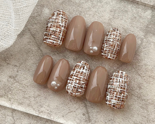 オーダーネイルチップ　ツイードニュアンスブラウンワンホンハート推しno.62 オーダーネイルチップ ツイードニュアンスブラウンワンホンハート推し