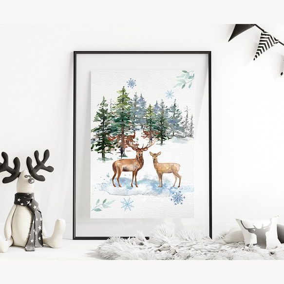 《超早割2022》クリスマスポスター　森の冬景色　鹿のつがい / i0361 / 冬の森　雪景色が広がる風景　動物 2枚目の画像