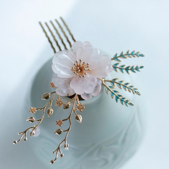 天然石ローズクォーツの牡丹のヘアコーム ヘアアクセサリー 髪飾り