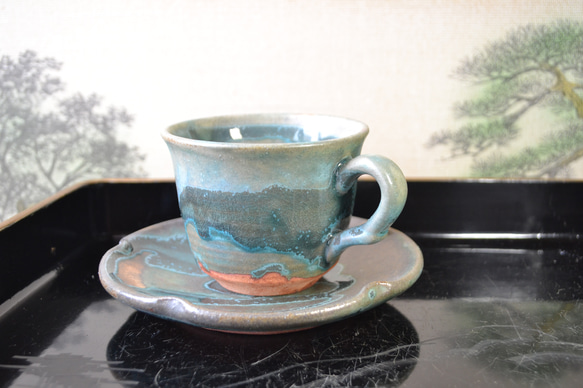 【ギフト】　古代色コーヒーカップ(皿付)(カップ)　★萩焼き　 2枚目の画像