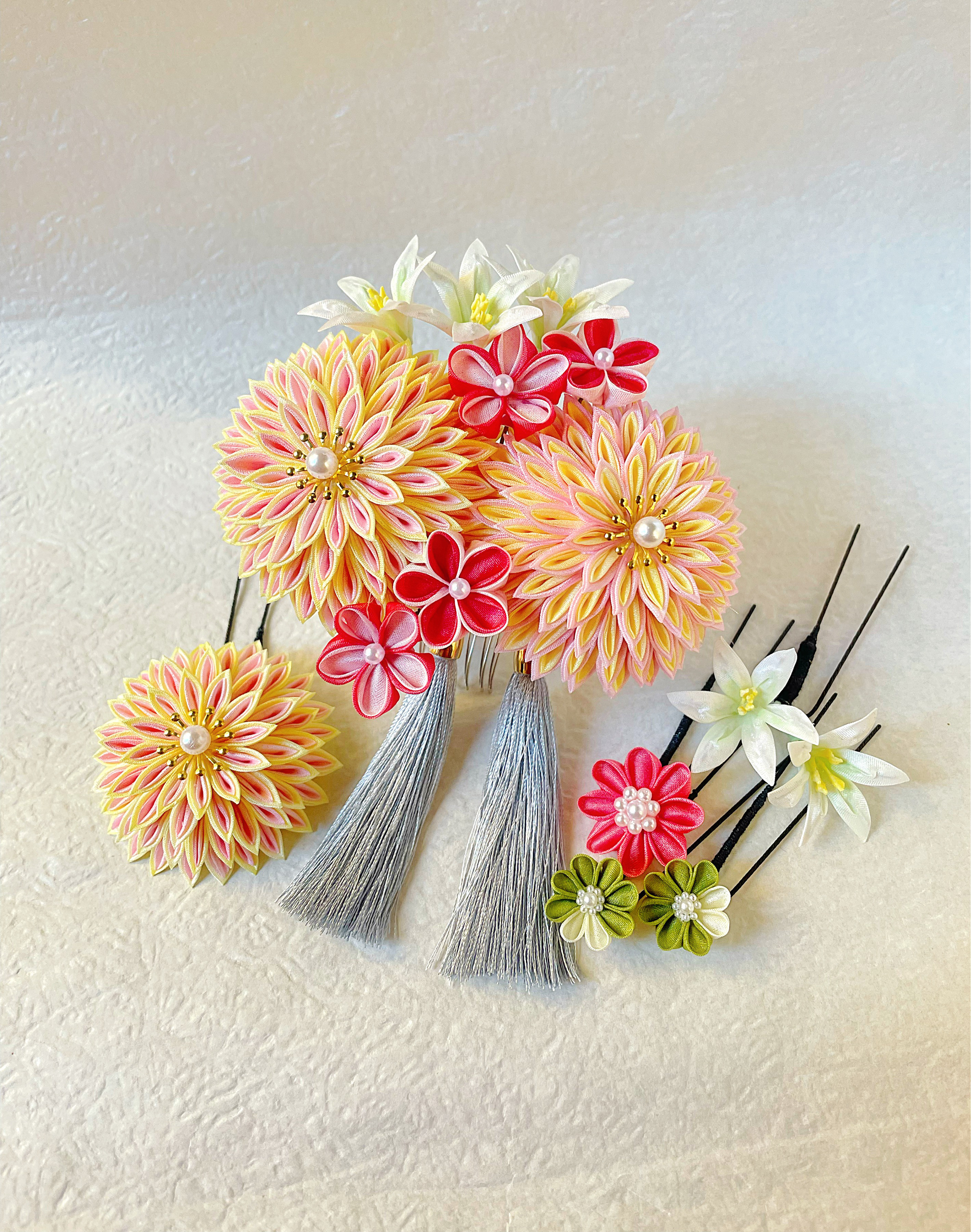 希望(黄桃) つまみ細工髪飾り