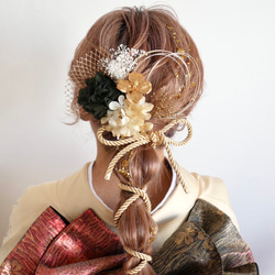 O93  ロープアレンジ　ドライフラワー　髪飾り　黒　ゴールド　卒業式　袴　成人式　振袖　結婚式 2枚目の画像